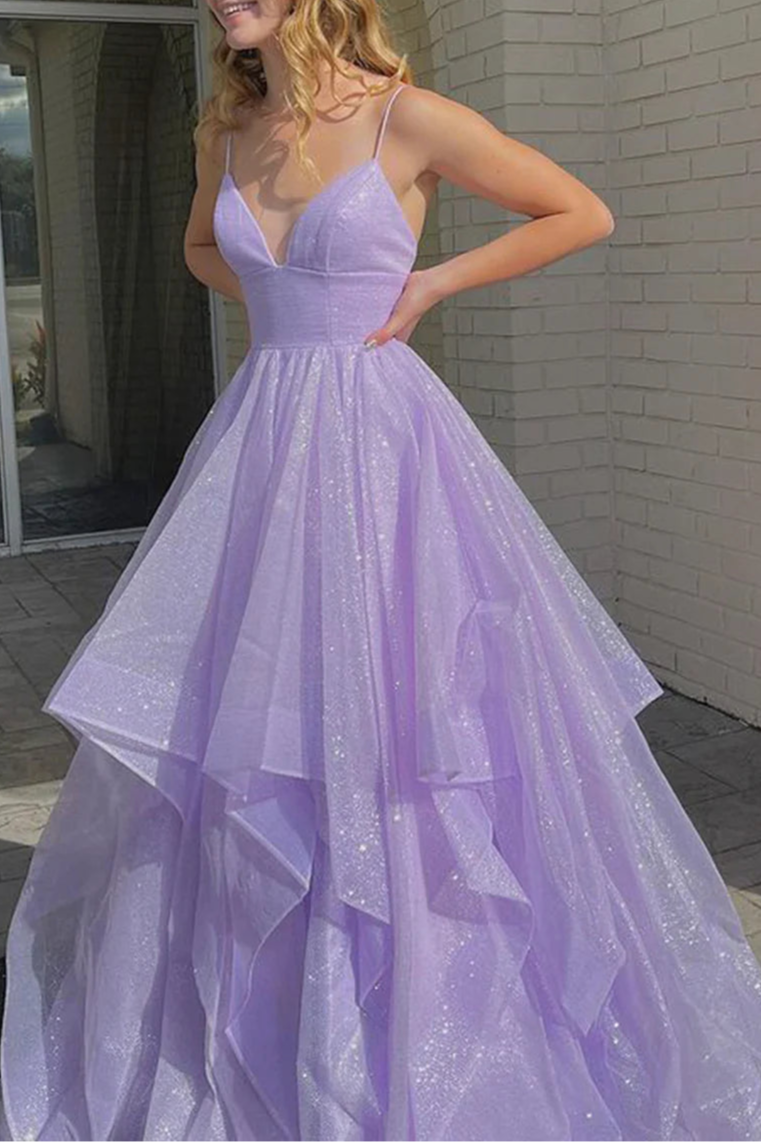 Purple Tulle Sequins V-Neck Spaghetti Straps Floor Length Prom Dresses A-Line Party Evening Dresses