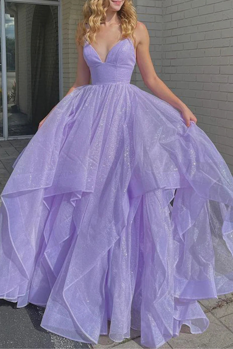Purple Tulle Sequins V-Neck Spaghetti Straps Floor Length Prom Dresses A-Line Party Evening Dresses