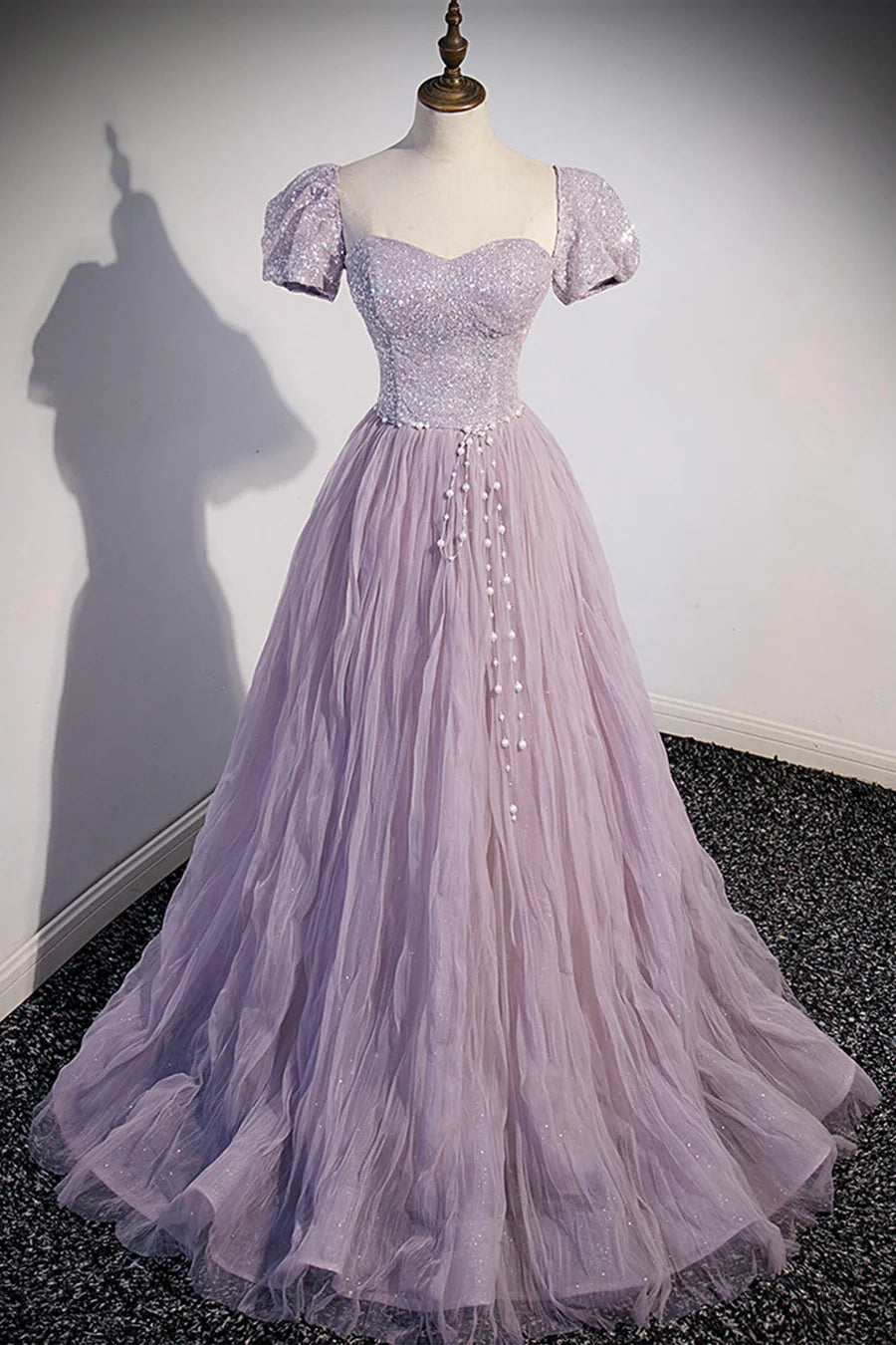 Purple Tulle Sequins With Beaded A-Line Floor Length Prom Dress  Evening Party Dress