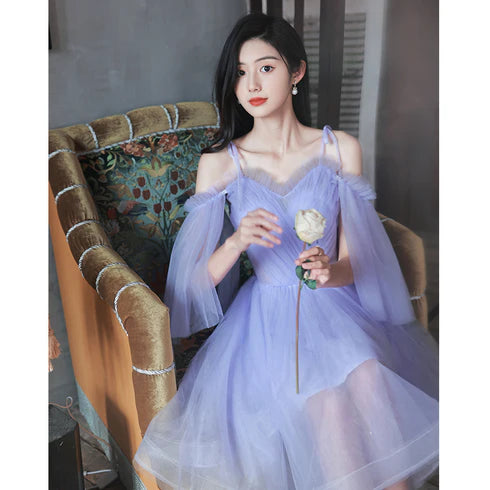 Purple Tulle Spaghetti straps Short Off Shoulder Prom Party Dresses Homecoming Dress