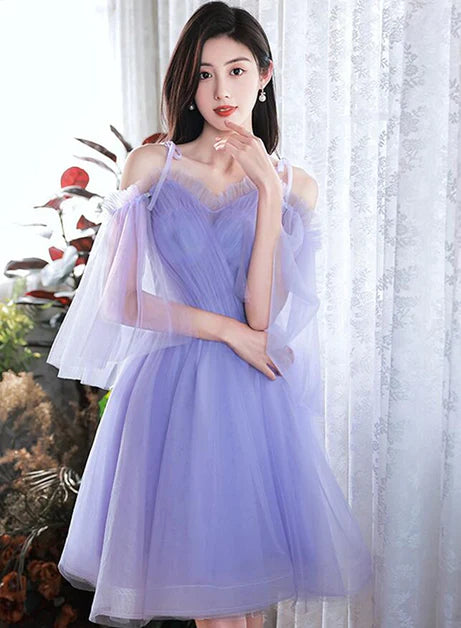 Purple Tulle Spaghetti straps Short Off Shoulder Prom Party Dresses Homecoming Dress