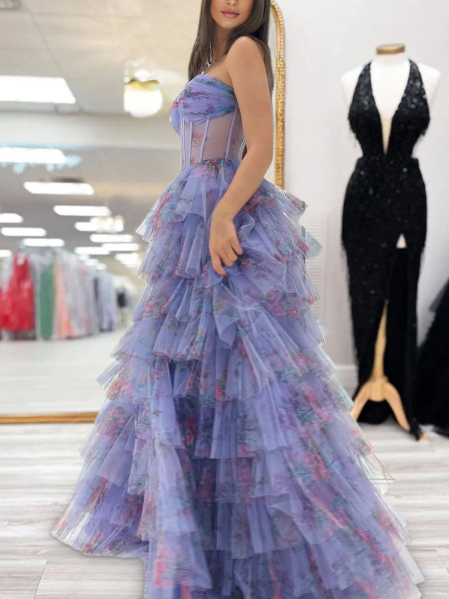 Purple Tulle Strapless A Line Printed Ruffle Tiered Prom Dress Purple Evening Dress With Slit