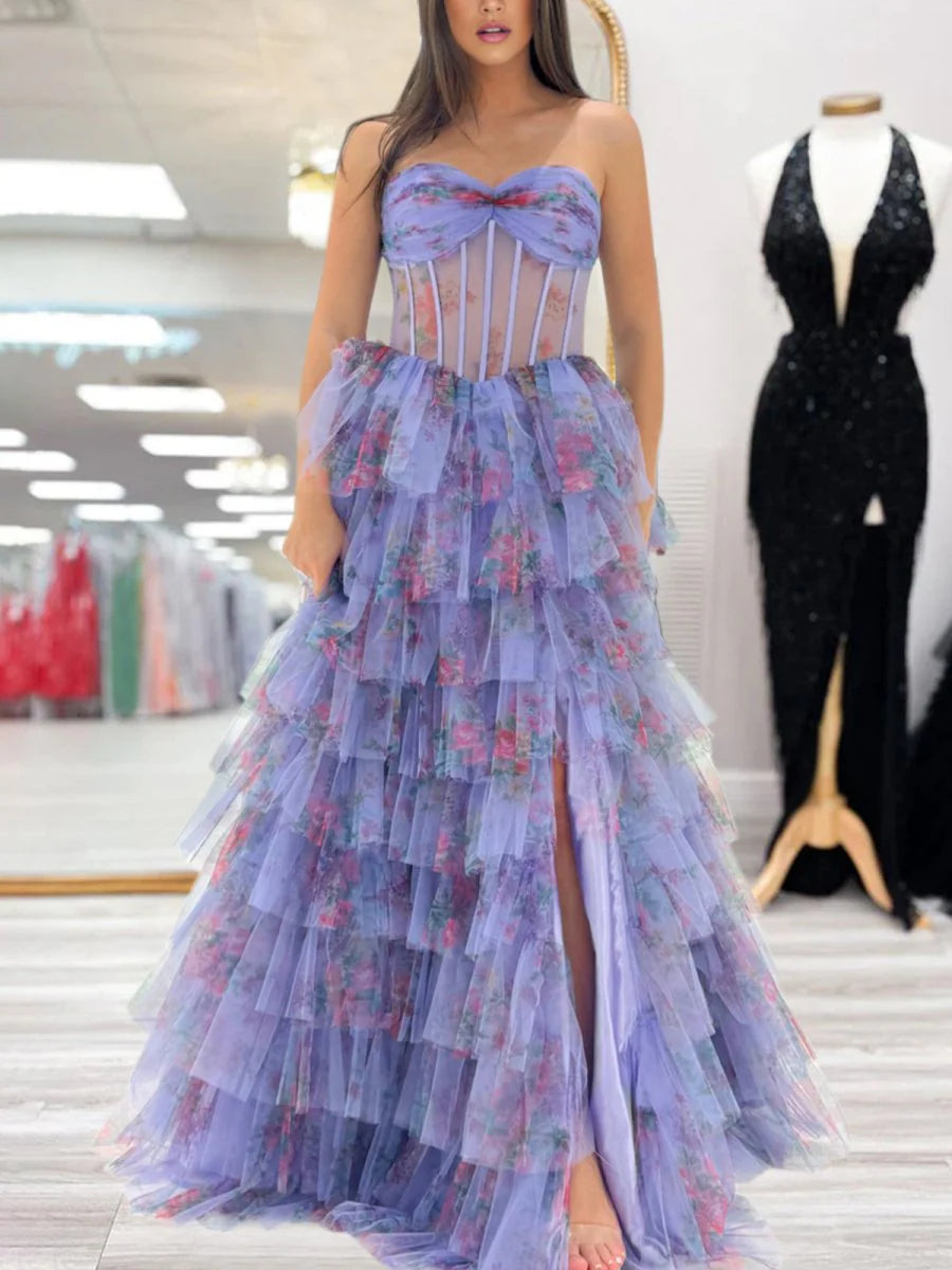 Purple Tulle Strapless A Line Printed Ruffle Tiered Prom Dress Purple Evening Dress With Slit