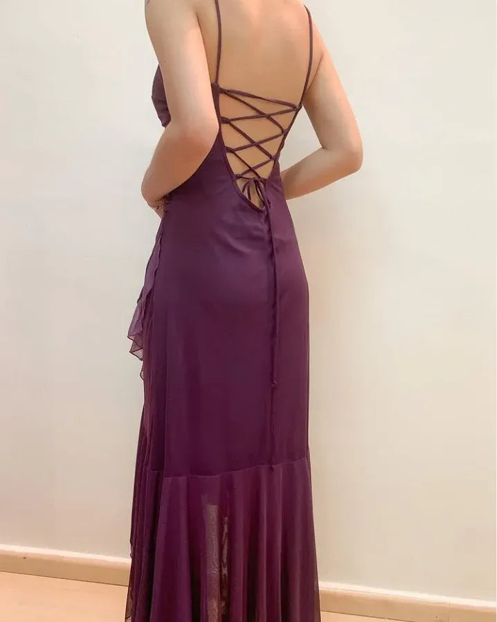 Purple Slim-fit Evening Dress Spaghetti Straps Sleeveless Ruffled Party Prom Dress