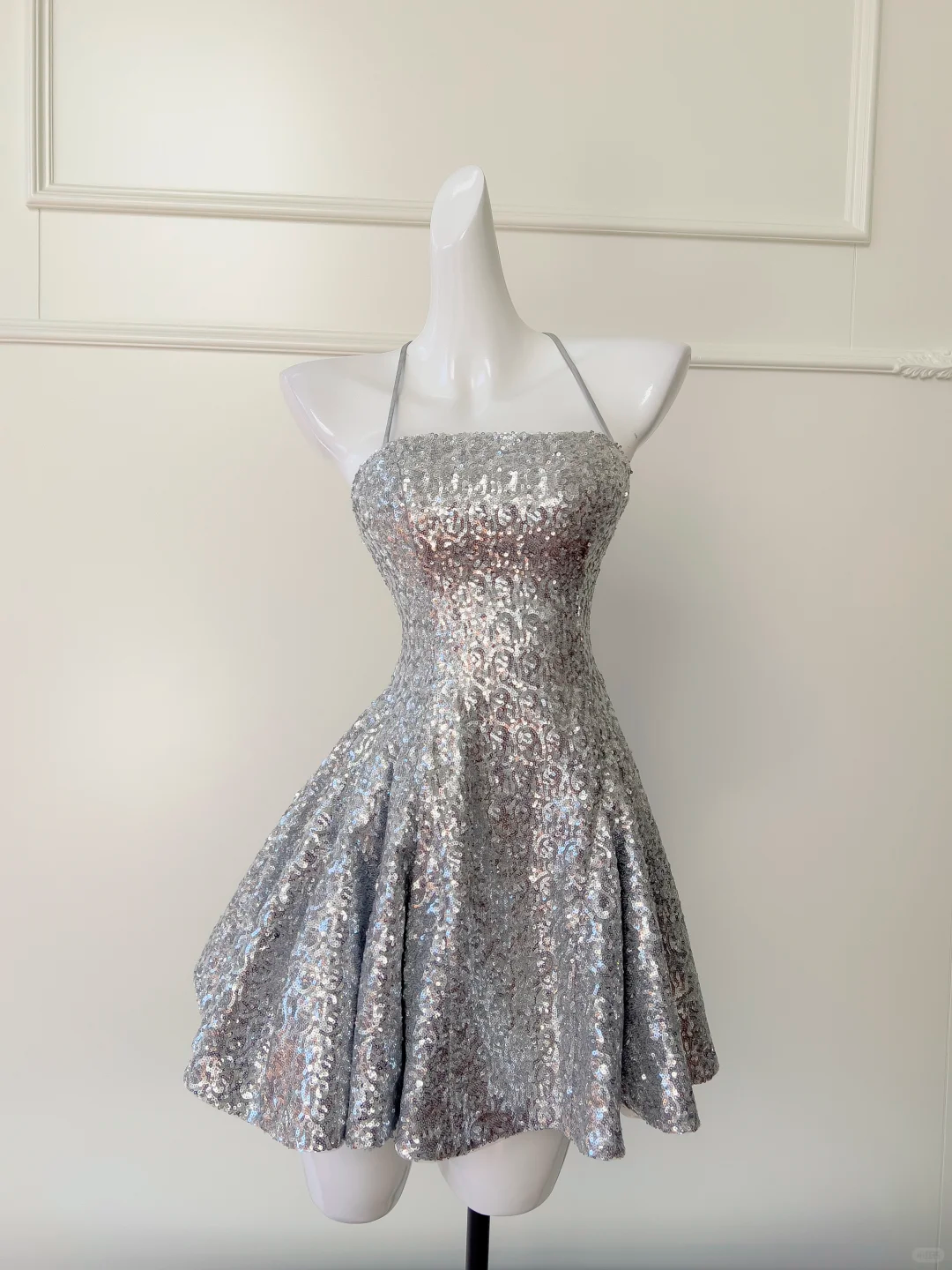 Shiny A Line Spaghetti Strap Silver Sequin Short Open Back Homecoming Dress