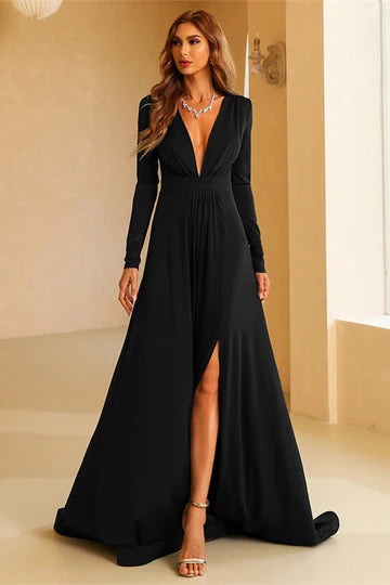Raspberry Deep V Neck Long Sleeve Side Slits A-Line Long Evening Dress