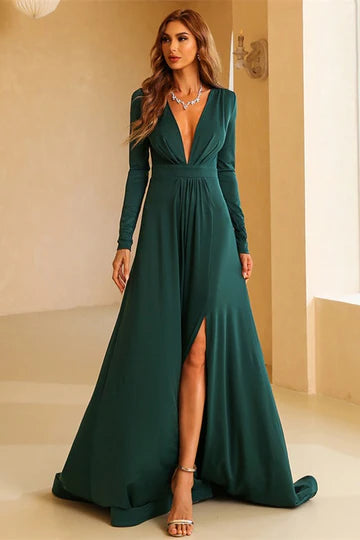 Raspberry Deep V Neck Long Sleeve Side Slits A-Line Long Evening Dress