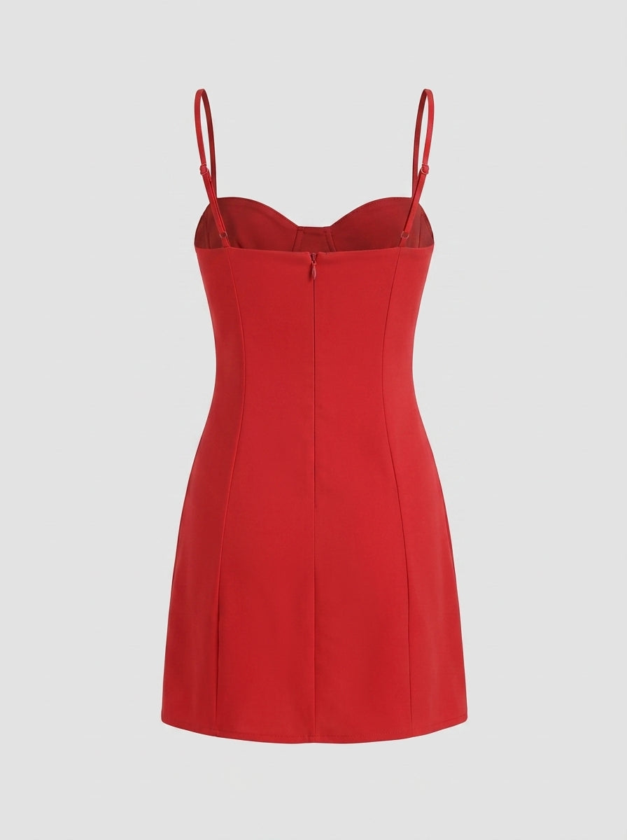 Back view of a red A-line mini dress, showcasing the strappy design.
