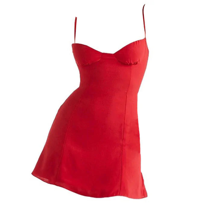 Close-up of the sweetheart bustier neckline on the red mini dress.