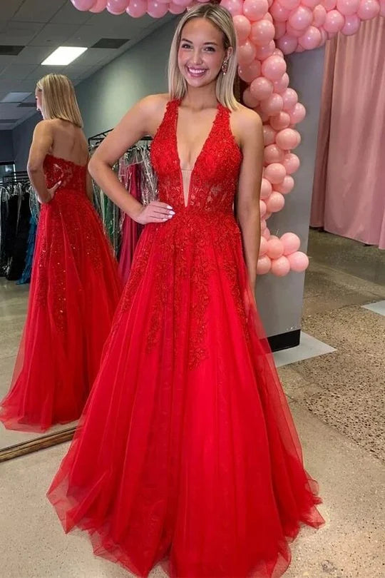 Red A-Line V-Neck Lace Appliques Open Back High Waist Ball Gown