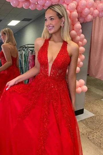Red A-Line V-Neck Lace Appliques Open Back High Waist Ball Gown
