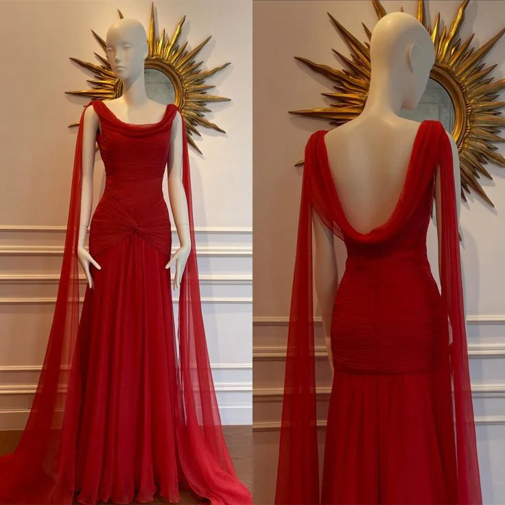 Red Chiffon Draped Collar Pleated Floor Length Evening Dress Elegant Sleeveless Prom Dress With Streamer