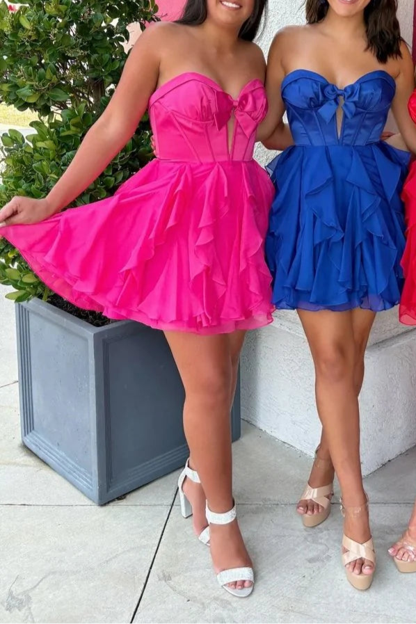 Red Chiffon Sweetheart Collar Strapless A Line Cutout Ruffle Tiered Homecoming Dress With Bow