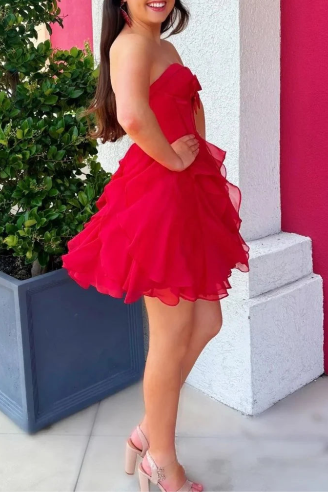 Red Chiffon Sweetheart Collar Strapless A Line Cutout Ruffle Tiered Homecoming Dress With Bow