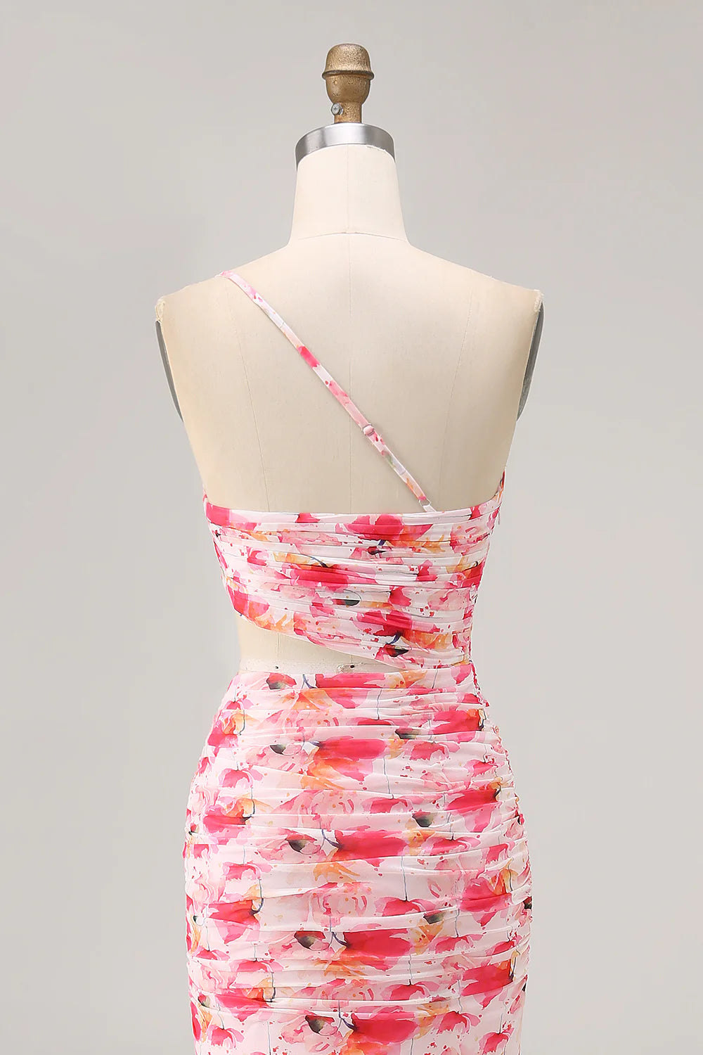 Red Cut Out One Shoulder Printed Floral Sheath Wedding Guest Dress Ruffles Party Dress