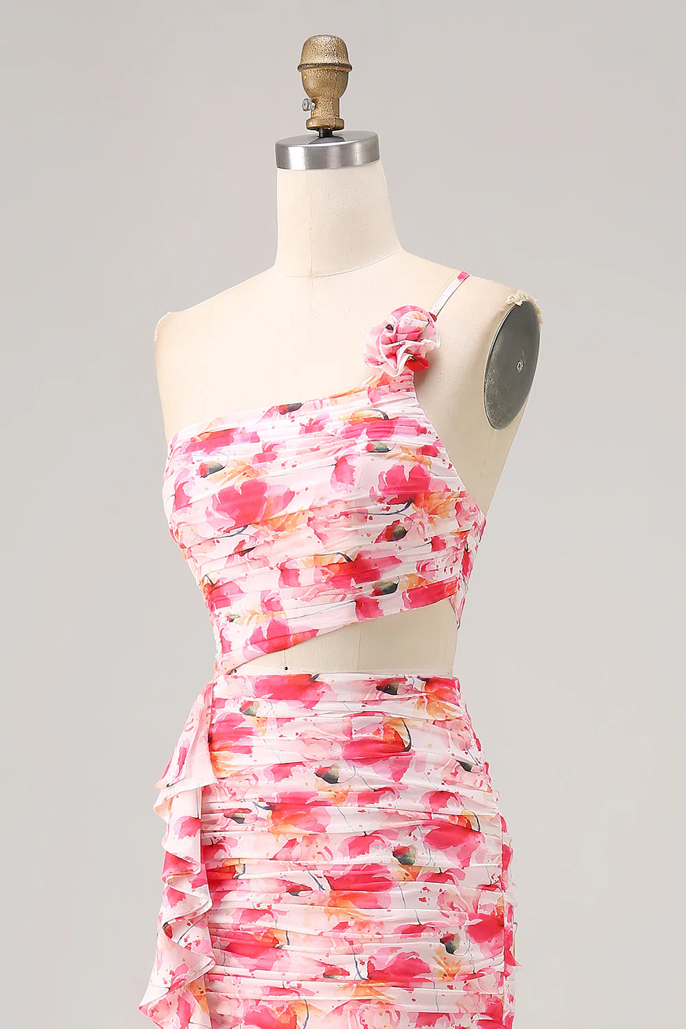 Red Cut Out One Shoulder Printed Floral Sheath Wedding Guest Dress Ruffles Party Dress