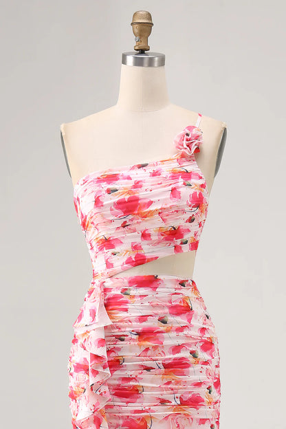 Red Cut Out One Shoulder Printed Floral Sheath Wedding Guest Dress Ruffles Party Dress