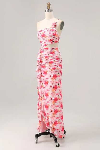 Red Cut Out One Shoulder Printed Floral Sheath Wedding Guest Dress Ruffles Party Dress