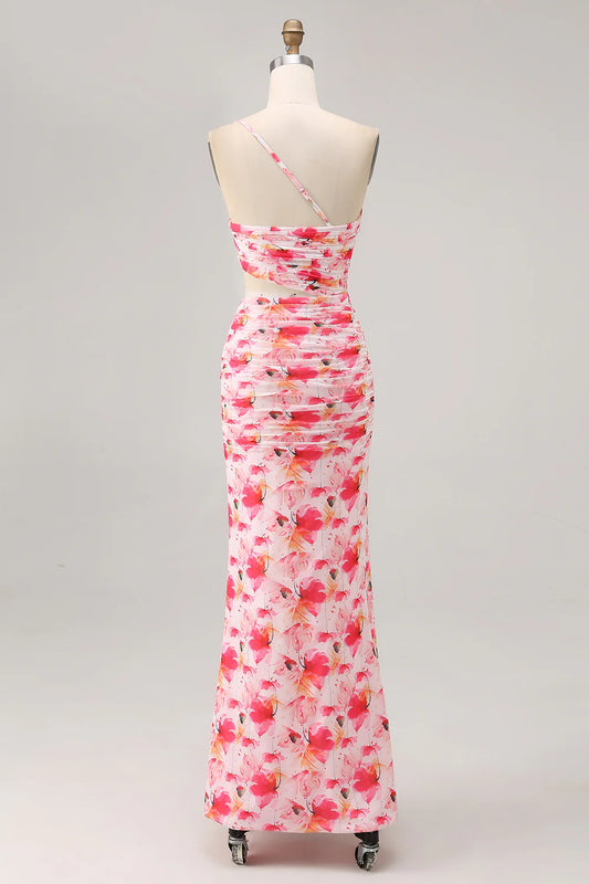 Red Cut Out One Shoulder Printed Floral Sheath Wedding Guest Dress Ruffles Party Dress