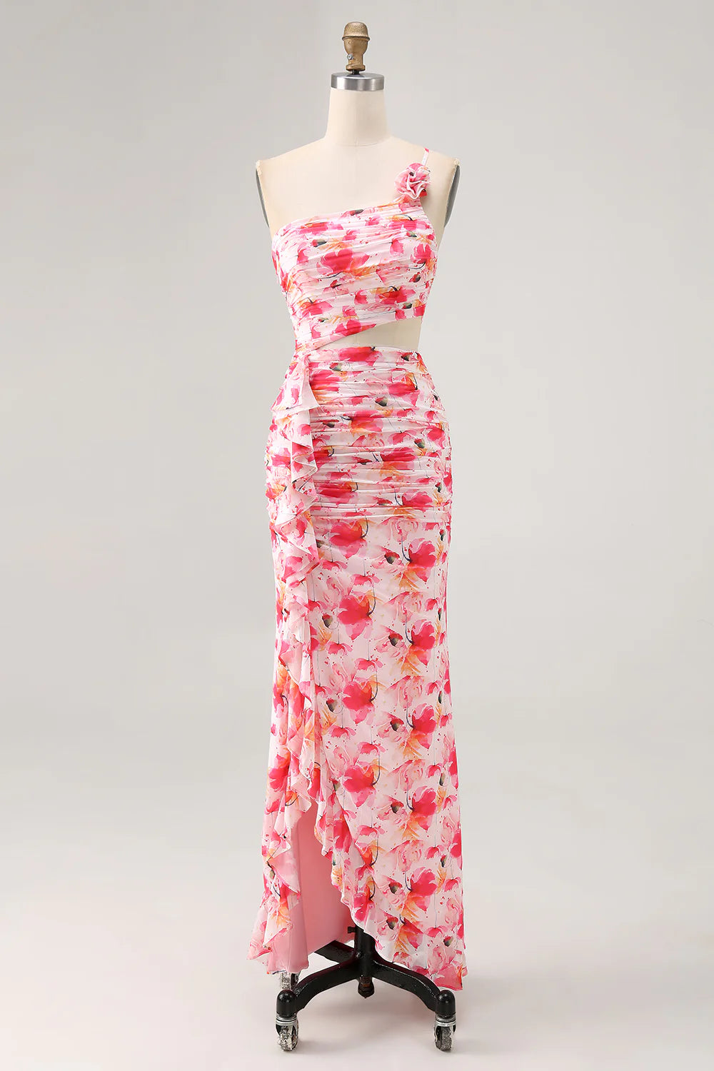 Red Cut Out One Shoulder Printed Floral Sheath Wedding Guest Dress Ruffles Party Dress