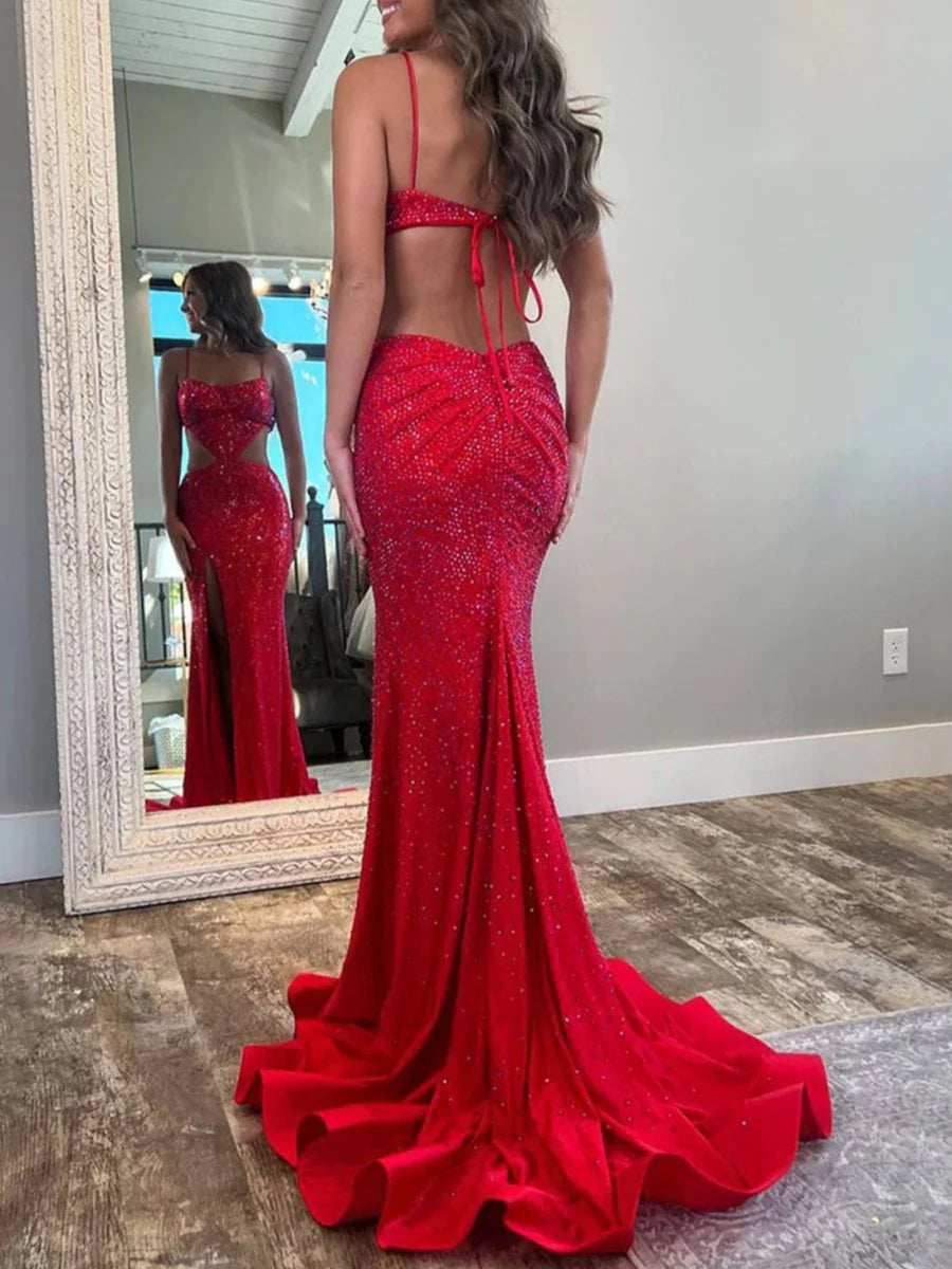 Red Cut Out Spaghetti Straps Beaded Mermaid High Slit  Long Prom Dress Evening Dress With Train