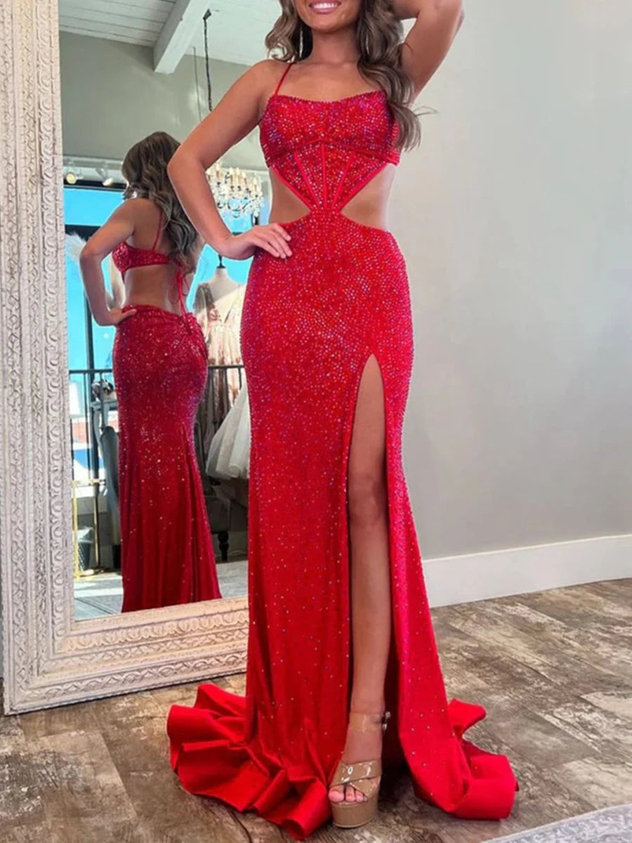Red Cut Out Spaghetti Straps Beaded Mermaid High Slit  Long Prom Dress Evening Dress With Train
