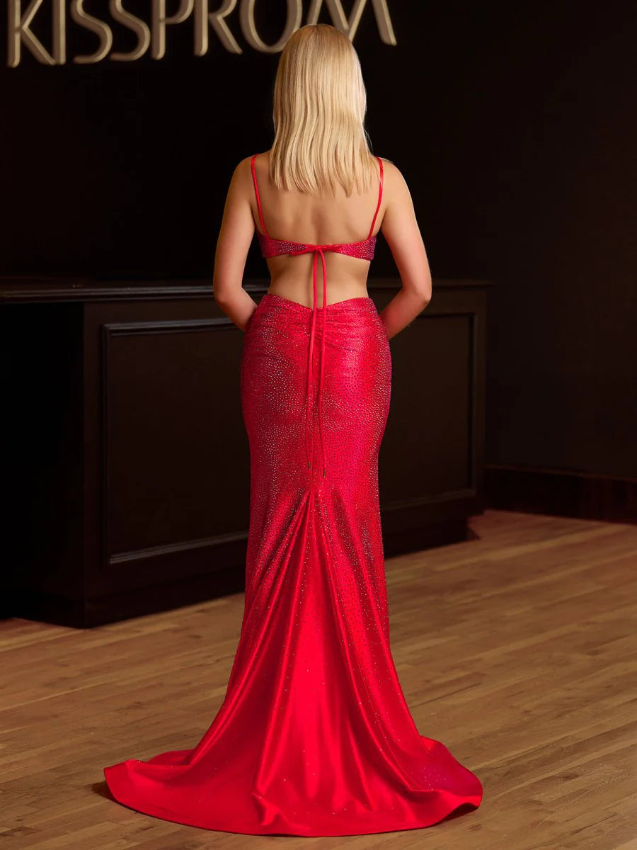 Red Cut Out Spaghetti Straps Beaded Mermaid High Slit  Long Prom Dress Evening Dress With Train