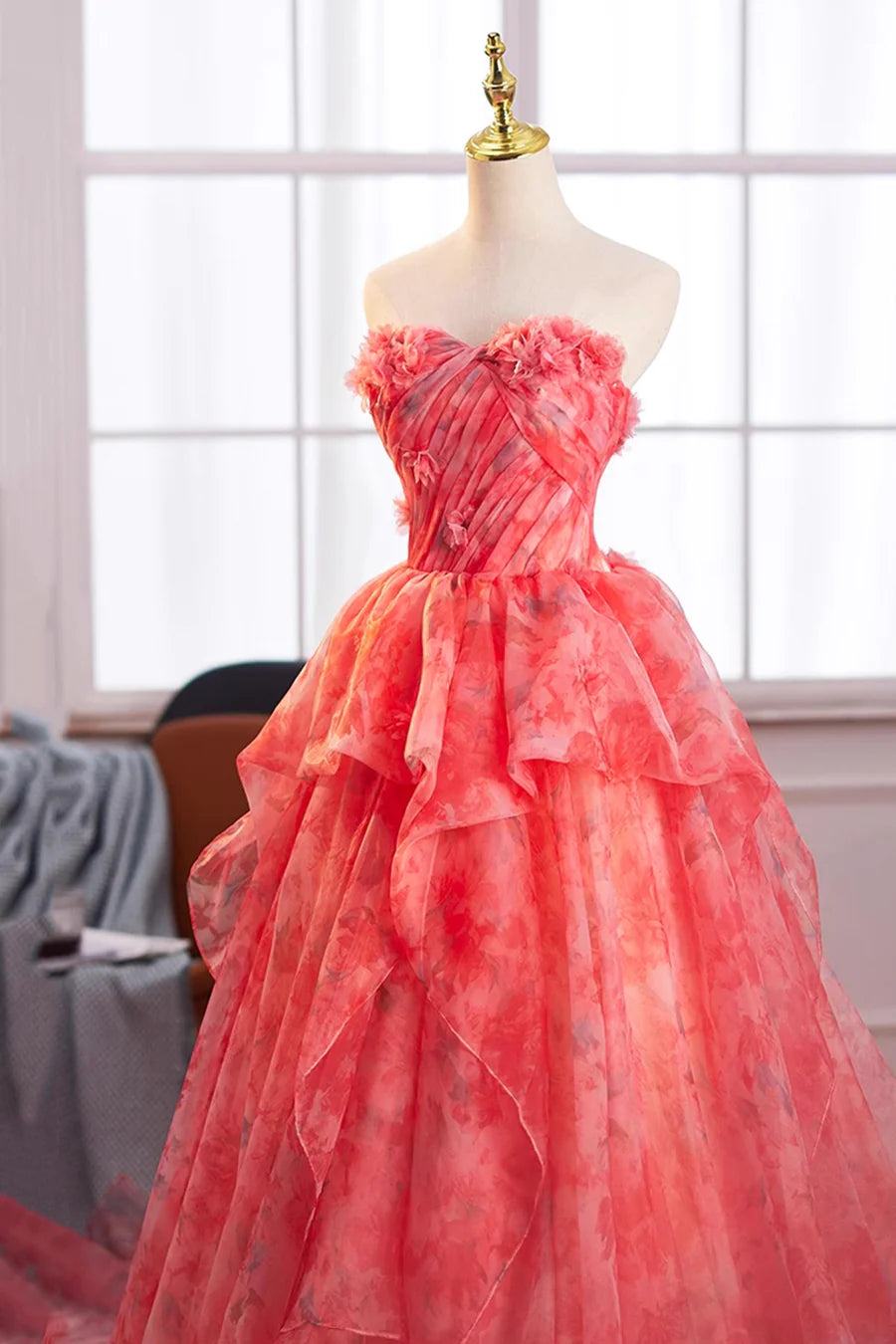 Red Floral Tulle With Drag Sweetheart Neck A-Line Long Prom Dress Party Dress