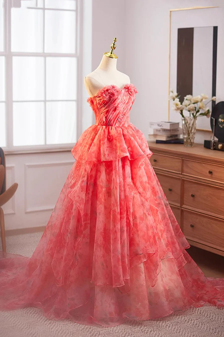 Red Floral Tulle With Drag Sweetheart Neck A-Line Long Prom Dress Party Dress