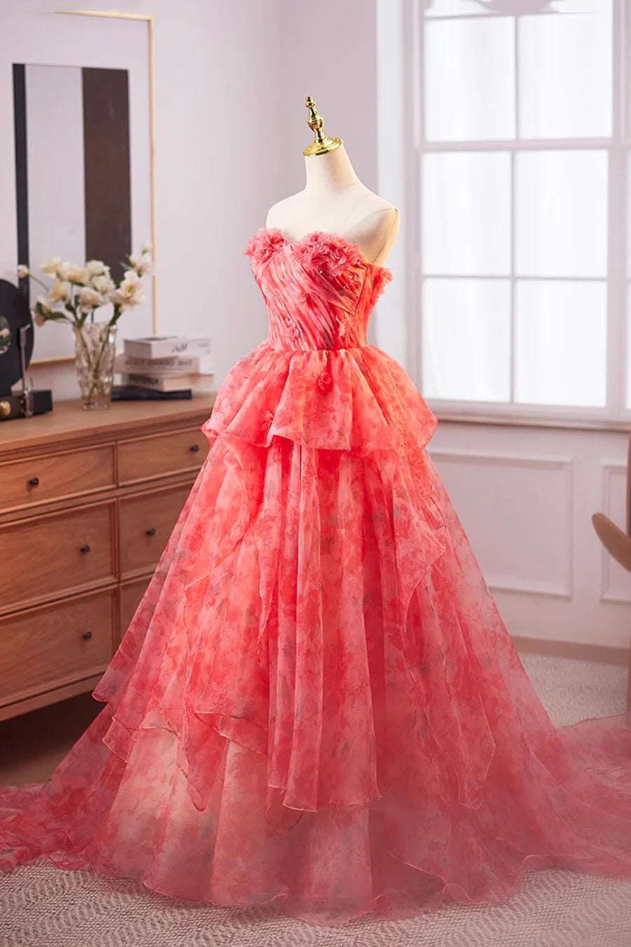 Red Floral Tulle With Drag Sweetheart Neck A-Line Long Prom Dress Party Dress