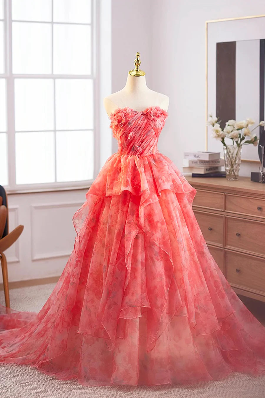 Red Floral Tulle With Drag Sweetheart Neck A-Line Long Prom Dress Party Dress