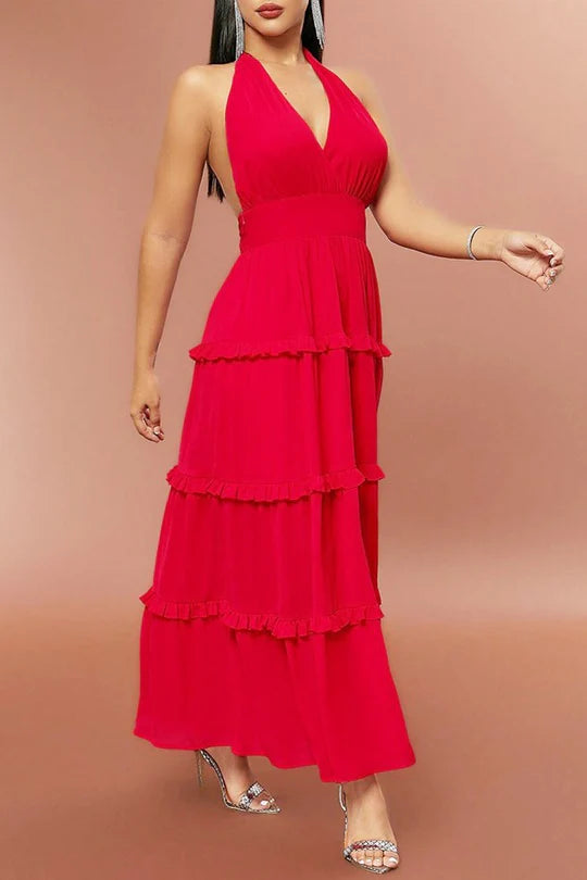 Red Halter V Neck Sleeveless High-Waist Ruffle Maxi Prom Dress Red Full Length Party Dress