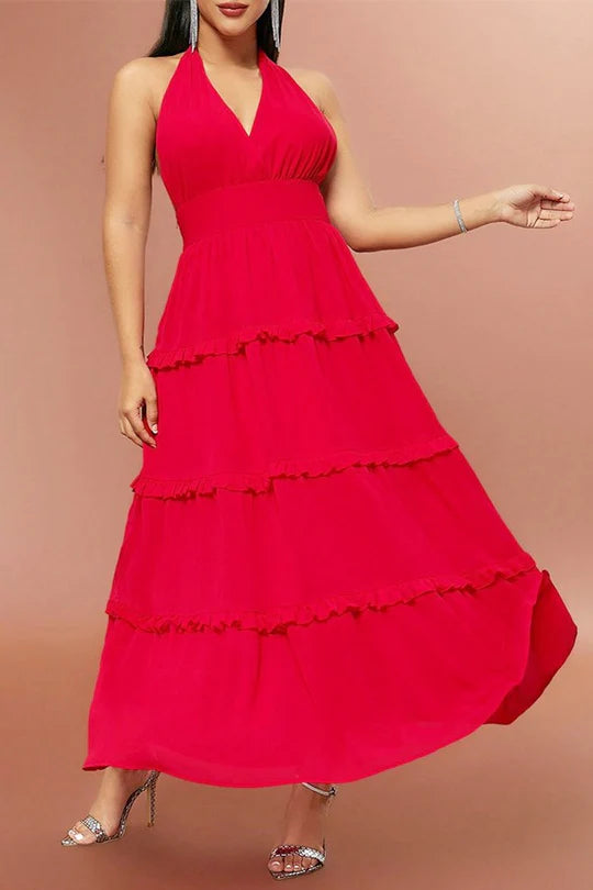 Red Halter V Neck Sleeveless High-Waist Ruffle Maxi Prom Dress Red Full Length Party Dress