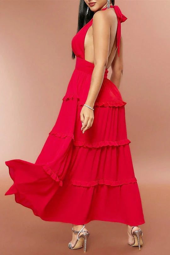 Red Halter V Neck Sleeveless High-Waist Ruffle Maxi Prom Dress Red Full Length Party Dress