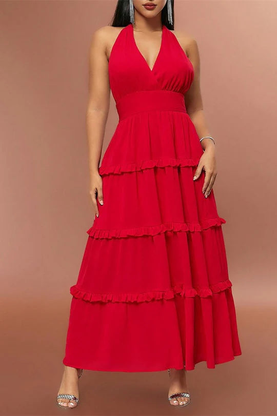 Red Halter V Neck Sleeveless High-Waist Ruffle Maxi Prom Dress Red Full Length Party Dress
