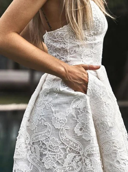 Red Lace A-Line V Neck Spaghetti Straps High Low Bridesmaid Dress Wedding Guest Dresses