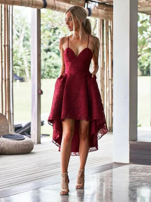 Red Lace A-Line V Neck Spaghetti Straps High Low Bridesmaid Dress Wedding Guest Dresses