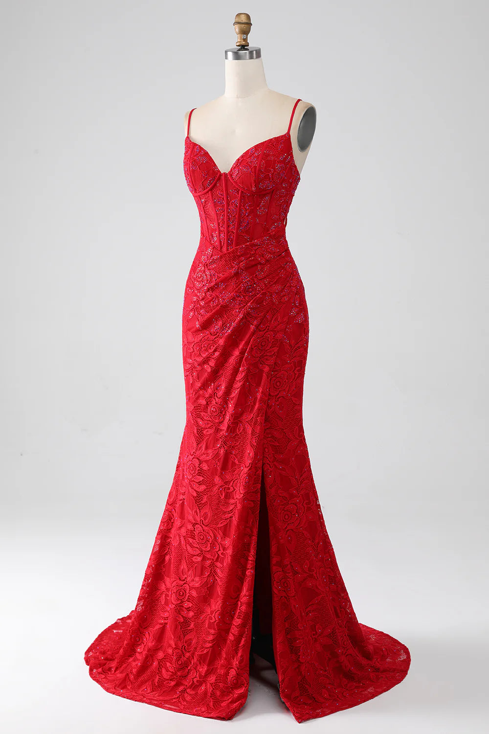 Red Lace Beaded Applique Open Back Mermaid Spaghetti Straps Prom Dress With Slit