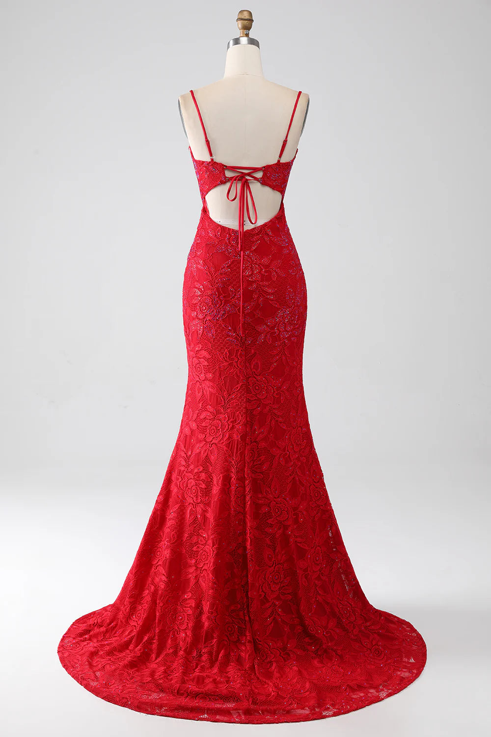 Red Lace Beaded Applique Open Back Mermaid Spaghetti Straps Prom Dress With Slit