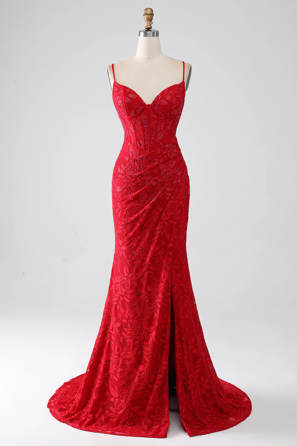 Red Lace Beaded Applique Open Back Mermaid Spaghetti Straps Prom Dress With Slit