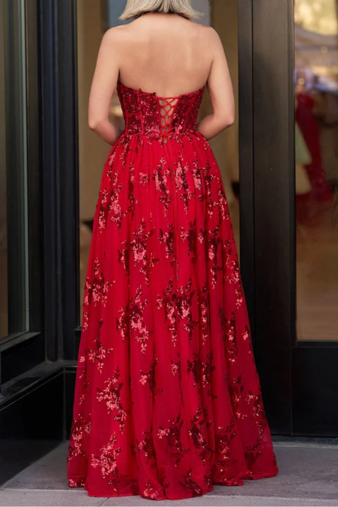 Red Lace Tulle Sequined A Line Strapless Floor Length Long Prom Dress With Applique