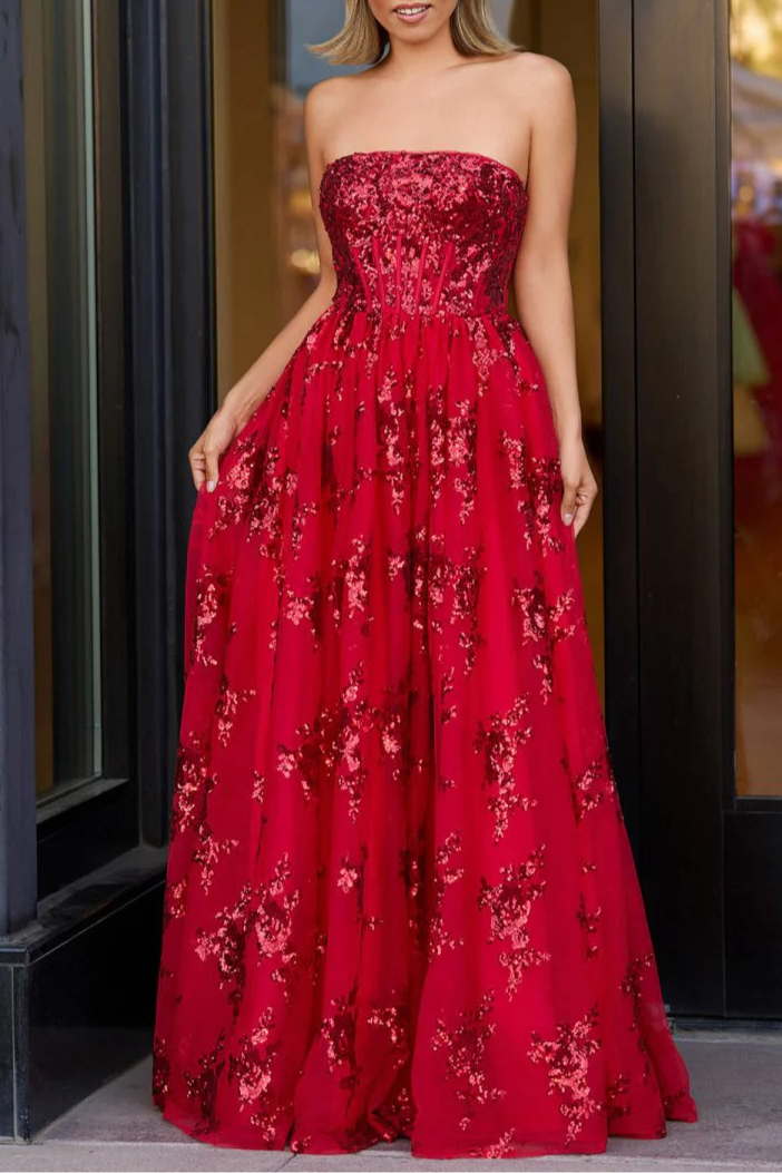 Red Lace Tulle Sequined A Line Strapless Floor Length Long Prom Dress With Applique