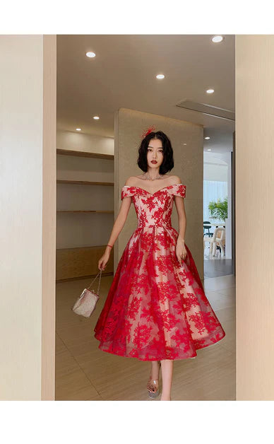 Red Lace V Neck Off Shoulder Tea Length Bridesmaid Dress Party Dress Homecoming Dress