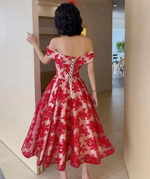 Red Lace V Neck Off Shoulder Tea Length Bridesmaid Dress Party Dress Homecoming Dress