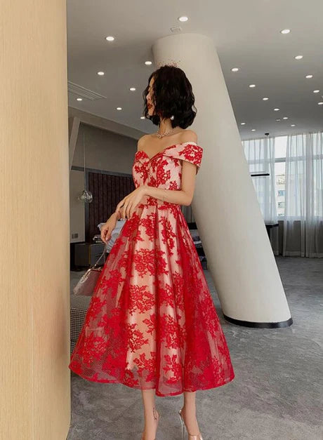 Red Lace V Neck Off Shoulder Tea Length Bridesmaid Dress Party Dress Homecoming Dress