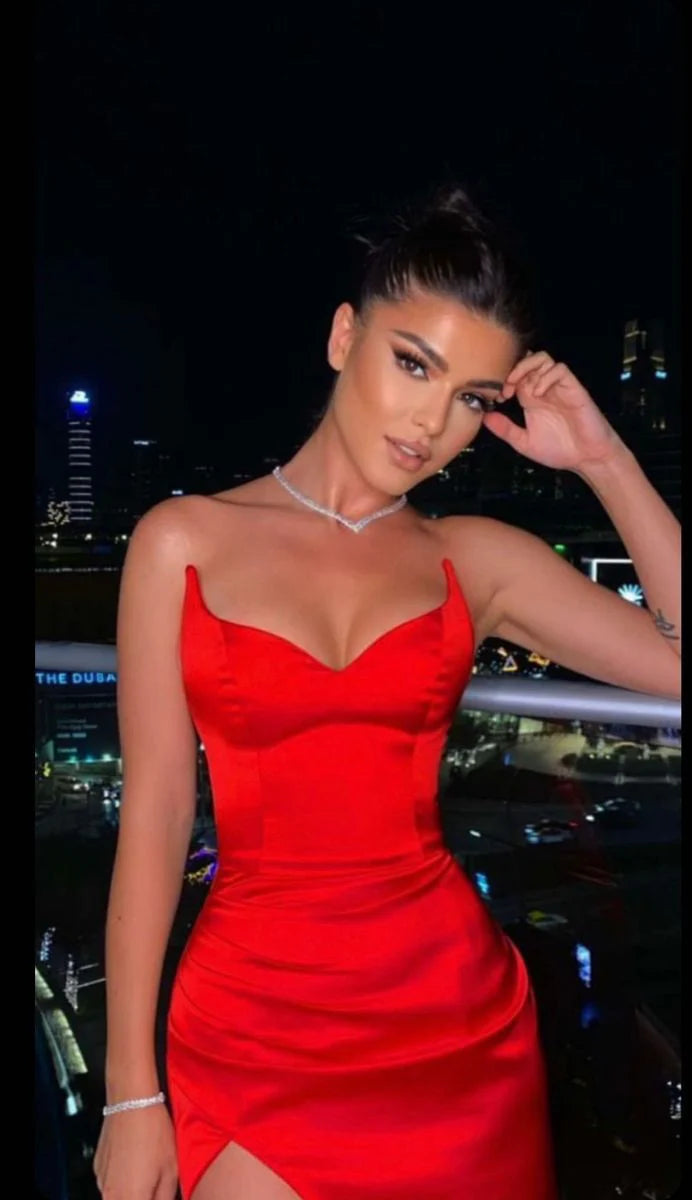 Red Mermaid Satin V Neck Bridesmaid Dresses Strapless High Split Evening Gowns Prom Dresses