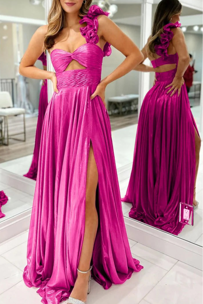 Red Metallic A-Line One Shoulder Keyhole Pleated Evening Dress Prom Dress With Side Slit