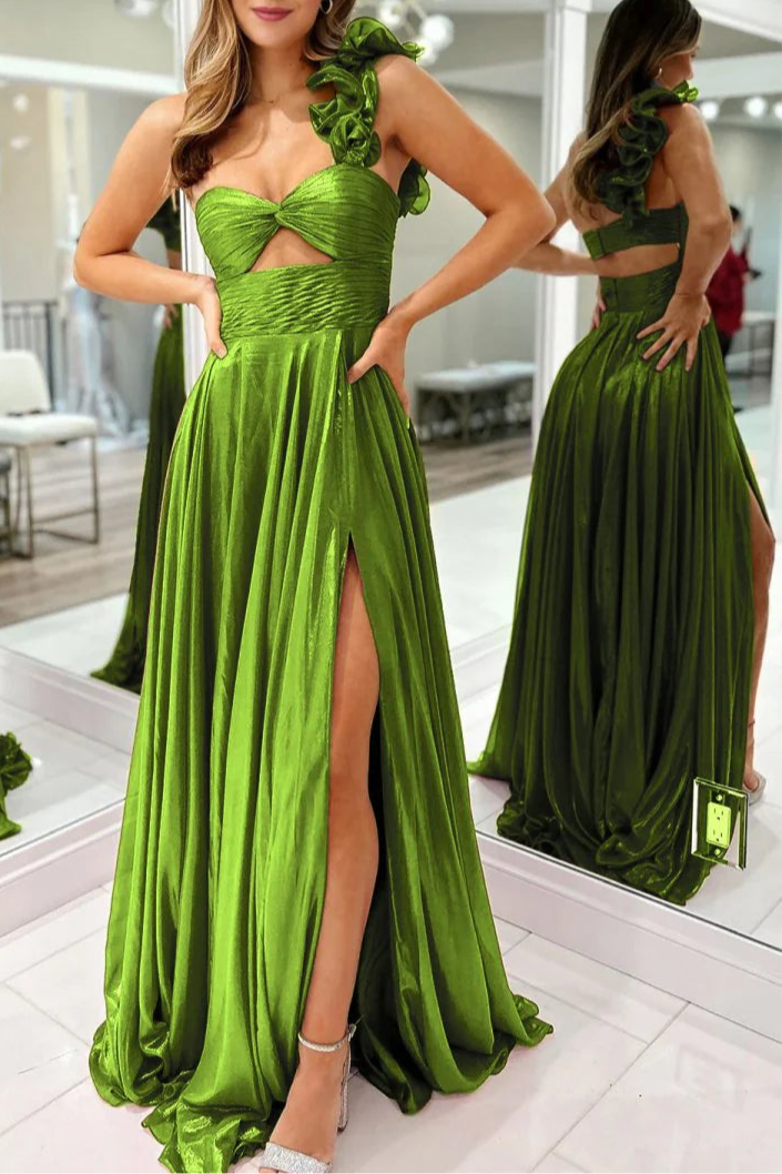 Red Metallic A-Line One Shoulder Keyhole Pleated Evening Dress Prom Dress With Side Slit