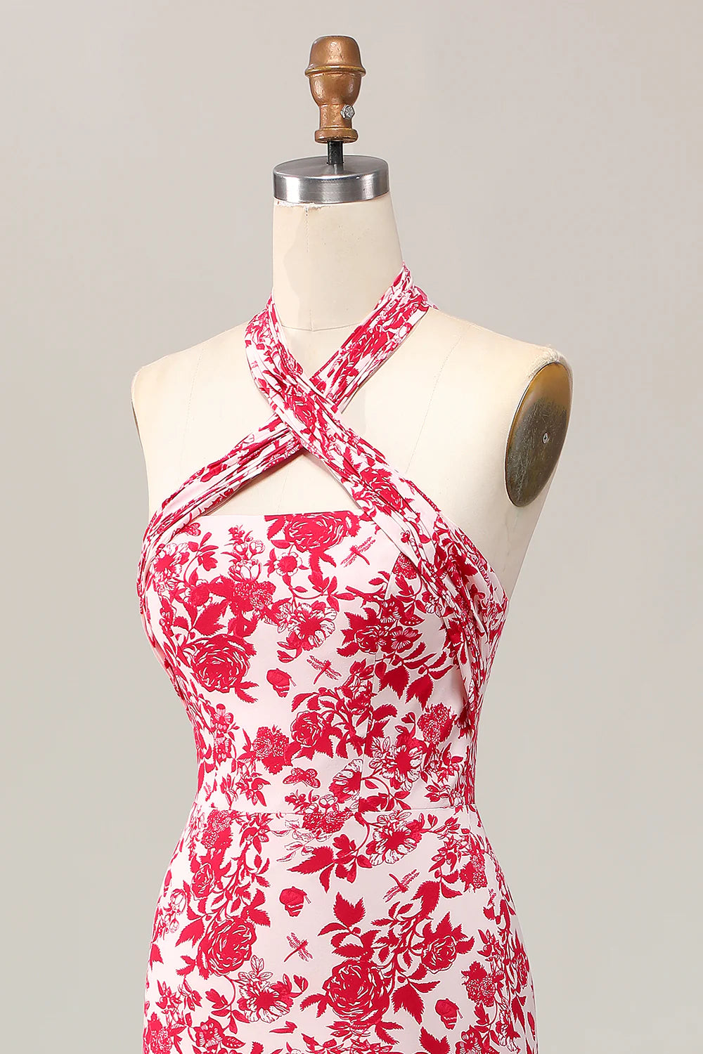 Red Printed Flower Mermaid Halter Midi Wedding Guest Dress Red Printed Sleeveless Party Dress