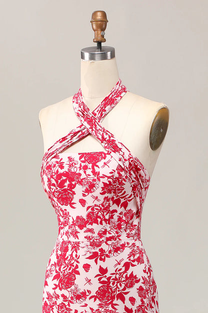 Red Printed Flower Mermaid Halter Midi Wedding Guest Dress Red Printed Sleeveless Party Dress
